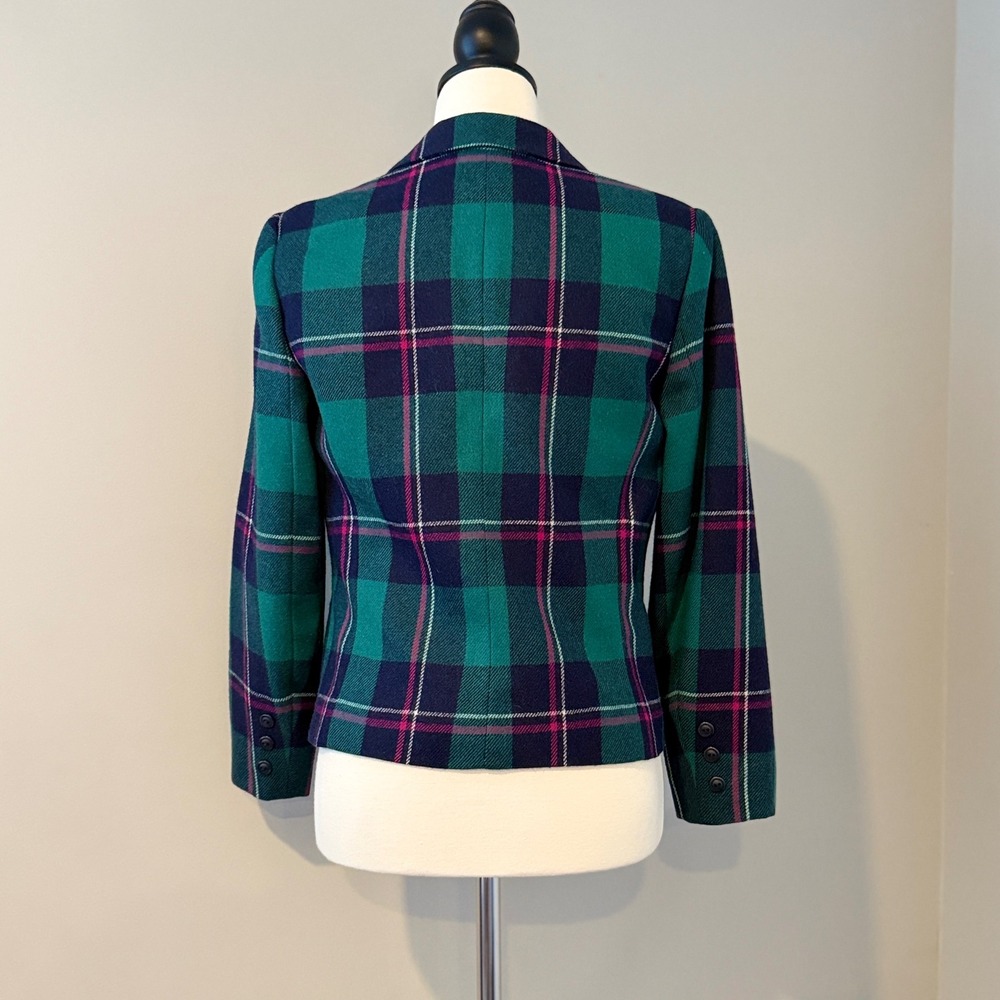Vintage 80s Plaid Wool Blend Blazer – Teal Green Navy Pink – Petite Size 10 - Picture 2 of 15